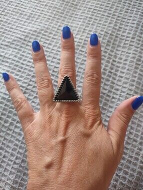 Guess Triangular Black Stone Statement Ring - Silver Trim